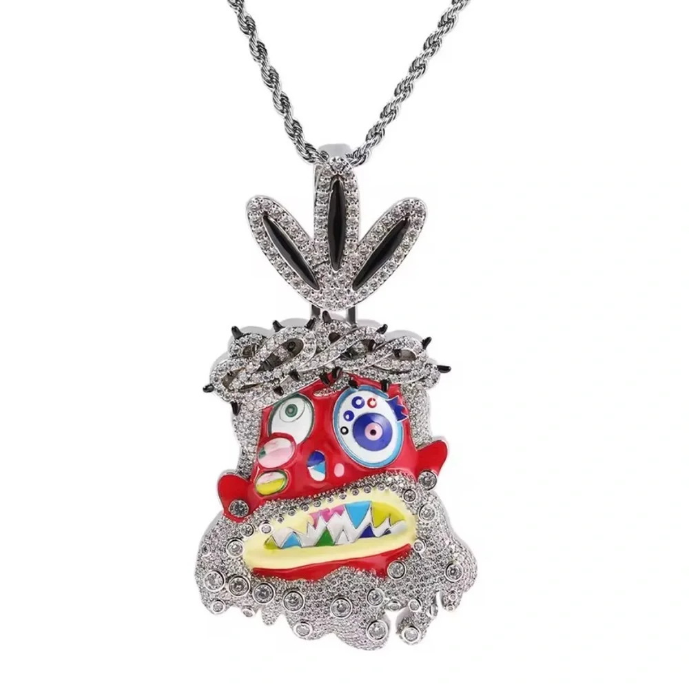 Silver-tone Enamel Monster Pendant Necklace - Red, Multicolor 24inch